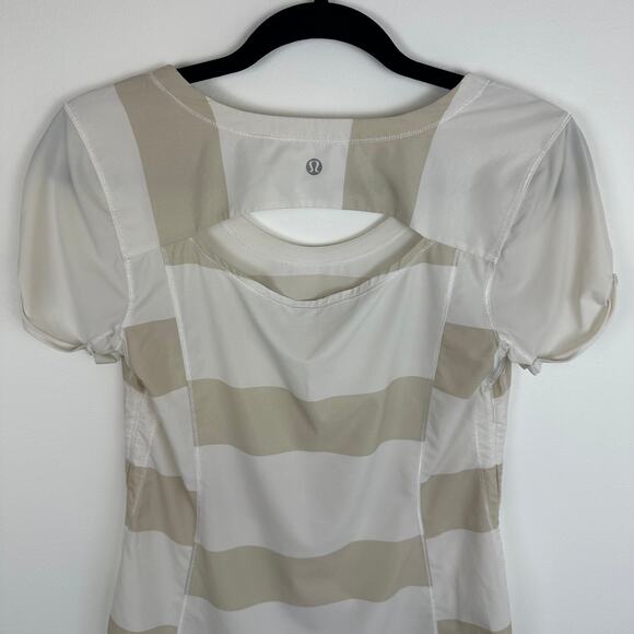 Lululemon Womens Lightened Up Tan/White Striped Activewear Short Sleeve Top - Picture 5 of 7